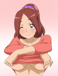 Rule 34 | 10s, 1girl, areola slip, blue eyes, blush, brave beats, breasts, brown hair, clothes lift, collarbone, highres, huge breasts, jewelry, kazaguruma fuuka, long hair, long sleeves, looking at viewer, makino tomoyasu, mature female, mole, no bra, one eye closed, ponytail, ring, shirt lift, simple background, smile, solo, underboob, undressing, upper body, wink