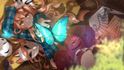 Rule 34 | 1girl, blue shirt, bottle, bow, bowtie, bug, butterfly, collared shirt, expressionless, folding fan, food, fox mask, frilled skirt, frills, hand fan, hannya, hata no kokoro, highres, holding, holding mask, insect, long hair, long sleeves, looking at viewer, lunchbox, lying, mask, nail polish, on back, orange eyes, parted lips, pink hair, plaid, plaid shirt, purple nails, purple skirt, reaching, rukousou no hana, sandwich, shirt, skirt, solo, tassel, thermos, touhou, white bow, white bowtie