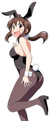 Rule 34 | 1girl, absurdres, ahoge, anbe masahiro, animal ears, ass, bare shoulders, blush, breasts, brown eyes, brown hair, commentary, cuffs, embarrassed, fake animal ears, from side, furukawa keiko, hair ornament, hair scrunchie, hairband, hand on own ass, high heels, highres, large breasts, leg up, looking at viewer, low ponytail, mole, mole under eye, open mouth, pantyhose, playboy bunny, ponytail, rabbit ears, rabbit tail, scrunchie, shinryaku! ikamusume, solo, tail, wavy mouth, white background