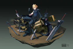 Rule 34 | 1boy, absurdres, belt, black gloves, blonde hair, blue eyes, cellphone, cloud strife, dododo, final fantasy, final fantasy vii, final fantasy vii advent children, flip phone, fusion swords, gloves, highres, looking at viewer, motor vehicle, motorcycle, phone, planted, planted sword, planted weapon, single sleeve, sitting, solo, spiked hair, square enix, strap, sword, weapon
