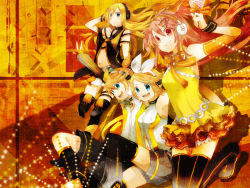 Rule 34 | 1boy, 3girls, blonde hair, blue eyes, buzz (moi), candy, detached sleeves, food, headphones, kagamine len, kagamine len (append), kagamine rin, kagamine rin (append), lily (vocaloid), lollipop, multiple girls, nanase kanon, navel, pink hair, red eyes, skirt, thighhighs, vocaloid, vocaloid append