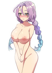 Rule 34 | 1girl, alternate breast size, blush, braid, breasts, censored, clorica (rune factory), commission, completely nude, highres, large breasts, long hair, long sleeves, mosaic censoring, navel, nipples, nude, pixiv commission, purple hair, pussy, rune factory, rune factory 4, sakamata (sakamata4), solo, twin braids, white background, yellow eyes