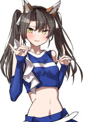 Rule 34 | 1girl, animal ears, blue shirt, blue sleeves, breasts, brown hair, commentary request, detached sleeves, double fox shadow puppet, fake animal ears, fox ears, fox shadow puppet, highres, kantai collection, long hair, looking at viewer, shirt, simple background, small breasts, solo, takanashi kei (hitsujikan), twintails, white background, yellow eyes, zuikaku (kancolle)