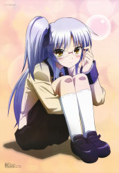 Rule 34 | 10s, 1girl, absurdres, adjusting eyewear, alternate hairstyle, angel beats!, bespectacled, black footwear, black skirt, blazer, blue ribbon, blush, brooch, closed mouth, collared shirt, expressionless, from side, full body, glasses, hair ribbon, hair up, highres, hugging own legs, jacket, jewelry, kneehighs, lens flare, loafers, long hair, long sleeves, looking at viewer, megami magazine, official art, one side up, orange background, parted bangs, pleated skirt, purple-framed eyewear, ribbon, rimless eyewear, scan, school uniform, shadow, shirt, shoes, side ponytail, sidelocks, silver hair, simple background, skirt, sleeve cuffs, socks, solo, tenshi (angel beats!), totani kento, toya kento, very long hair, white socks, yellow eyes
