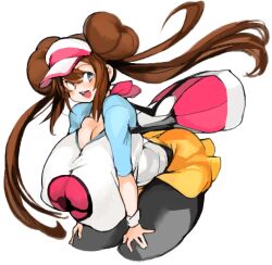 Rule 34 | 1girl, breasts, brown hair, creatures (company), game freak, huge breasts, nintendo, pokemon, pokemon bw2, rosa (pokemon), sachito, simple background, solo, white background