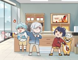 Rule 34 | &gt; &lt;, 1boy, 3girls, ahoge, aunt and nephew, blue eyes, blue hair, blue jacket, bottle, chef hat, chongyun (genshin impact), commentary, english commentary, fire, fox, genshin impact, glass door, grey pants, guoba (genshin impact), hat, highres, holding, holding bottle, indoors, jacket, long sleeves, multiple girls, open mouth, pants, pointing, pointing at another, red shirt, shenhe (genshin impact), shirt, shorts, standing, tongue, tongue out, walking away, water bottle, white hair, white shirt, xiangling (genshin impact), xinzoruo, yae miko, yae miko (fox), yellow eyes, yellow footwear, yellow shorts