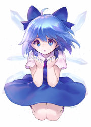 Rule 34 | 1girl, :o, ahoge, ainy, bad id, bad pixiv id, blowing, blue bow, blue dress, blue eyes, blue hair, bow, circle skirt, cirno, dress, full body, hair bow, ice, ice wings, kneeling, looking at viewer, matching hair/eyes, nail polish, short hair, short sleeves, simple background, solo, touhou, white background, wings