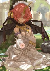 Rule 34 | 1girl, bare shoulders, bokaa (exploration), cleavage, covered eyes, dress, elbow gloves, fate/apocrypha, fate (series), flower, frankenstein&#039;s monster (fate), gloves, holding, holding flower, horns, see-through, see-through cleavage, single horn, sitting, smile, solo, veil, weapon