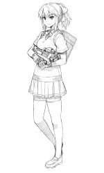 Rule 34 | 1girl, bag, blonde girl (itou), bow, bowtie, bullpup, cardigan, closed mouth, collared shirt, contrapposto, fingerless gloves, full body, gloves, greyscale, gun, hair bow, highres, holding, holding gun, holding weapon, itou (onsoku tassha), loafers, looking at viewer, monochrome, original, pleated skirt, ponytail, school uniform, shirt, shoes, shoulder bag, simple background, skirt, smile, solo, standing, thighhighs, trigger discipline, weapon, white background, wing collar, zettai ryouiki