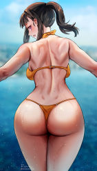 Rule 34 | 1girl, ass, backboob, bare shoulders, bikini, blurry, blurry background, breasts, commentary, cowboy shot, day, dimples of venus, en&#039;en no shouboutai, foxyreine, from behind, highres, legs together, looking at viewer, looking back, maki oze, nape, open mouth, orange bikini, outdoors, patreon logo, patreon username, ponytail, profile, purple eyes, shoulder blades, smile, solo, string bikini, swimsuit, thighs, thong bikini, toned, water, watermark, web address, wet, wide hips