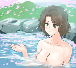 Rule 34 | 1girl, blush, breasts, brown hair, floating breasts, green eyes, hashima ema, large breasts, looking at viewer, nude, outdoors, parted lips, partially submerged, petal, petals, petals on liquid, rock, short hair, solo, toji no miko, tweela