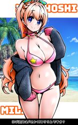 Rule 34 | .live, 1girl, absurdres, alternate costume, alternate hairstyle, beach, bikini, blonde hair, blue eyes, blush, breasts, cleavage, collarbone, commentary request, earrings, highres, jewelry, large breasts, nanahoshi milily, ocean, sky, smile, solo, swimsuit, translation request, virtual youtuber, zebrablack