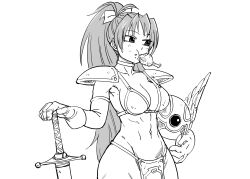Rule 34 | 1girl, absurdres, alternate breast size, armor, bb (baalbuddy), bikini armor, breasts, cosplay, dragon quest, dragon quest iii, food, food in mouth, food on face, greyscale, unworn headwear, helmet, unworn helmet, high ponytail, highres, large breasts, legs, long hair, mahou shoujo madoka magica, mahou shoujo madoka magica (anime), meat, medium hair, monochrome, mouth hold, navel, open mouth, sakura kyoko, soldier (dq3), soldier (dq3) (cosplay), solo, stomach, sword, thick thighs, thighs, toned, very long hair, weapon