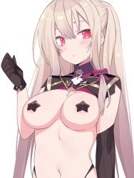 Rule 34 | 1girl, black gloves, blade (galaxist), blonde hair, blush, breasts, covered erect nipples, gloves, large breasts, long hair, looking at viewer, navel, original, pasties, red eyes, sidelocks, solo, star pasties, twintails