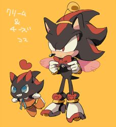 Rule 34 | 1boy, :|, adjusting bowtie, alternate costume, animal ears, animal nose, aoki (fumomo), black fur, black hair, blue eyes, blue ribbon, body fur, boots, chao (sonic), cheese (sonic), cheese (sonic) (cosplay), closed mouth, collared dress, cosplay, cream the rabbit (cosplay), creature, dress, fake antennae, fake wings, furry, furry male, gloves, grin, hairband, hands up, happy, heart, japanese text, long hair, male focus, multicolored footwear, multicolored fur, multicolored hair, neck ribbon, orange dress, orange footwear, pink wings, red eyes, red fur, red hair, ribbon, shadow chao, shadow the hedgehog, sharp teeth, shoes, short dress, simple background, sleeveless, sleeveless dress, smile, sonic (series), spiked hair, streaked hair, tail, teeth, translation request, two-tone hair, white fur, white gloves, wings, yellow eyes, yellow hairband