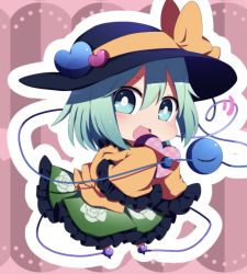 Rule 34 | 1girl, bad id, bad pixiv id, black hat, bright pupils, chibi, floral print, frilled sleeves, frills, full body, gift, green eyes, green hair, green skirt, hair between eyes, hat, hat ribbon, heart, highres, holding, holding gift, komeiji koishi, long sleeves, looking at viewer, open mouth, pink background, ribbon, rose print, shirt, skirt, sleeves past fingers, sleeves past wrists, smile, solo, standing, third eye, touhou, valentine, wide sleeves, yellow ribbon, yellow shirt, you (noanoamoemoe)