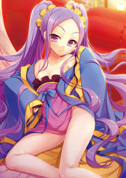 Rule 34 | 1girl, arisue tsukasa, chinese clothes, collarbone, commentary request, fate/grand order, fate (series), forehead, hair ornament, hair scrunchie, hanfu, long hair, looking at viewer, no panties, parted bangs, pelvic curtain, purple eyes, purple hair, sash, scrunchie, shawl, shiny skin, sitting, smile, solo, sweat, very long hair, wide sleeves, wu zetian (fate), wu zetian (first ascension) (fate), yellow scrunchie