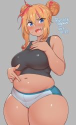 Rule 34 | 1girl, 2021, agawa ryou, artist name, bare shoulders, belly, poking belly, black tank top, blue eyes, blush, breasts, brown hair, commentary, curvy, dark-skinned female, dark skin, dated, double bun, english commentary, fang, female focus, grey background, hair bun, large breasts, multicolored hair, navel, original, pink hair, plump, short shorts, shorts, signature, simple background, solo, sweatdrop, tank top, thick thighs, thighs