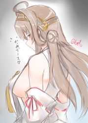 Rule 34 | 1girl, absurdres, ahoge, blush, breasts, brown eyes, closed mouth, detached sleeves, double bun, hair bun, headgear, heart, highres, japanese clothes, kantai collection, kongou (kancolle), large breasts, long hair, looking at viewer, profile, ribbon-trimmed sleeves, ribbon trim, shamo (ptwmjgda), sideboob, simple background, sketch, solo, translation request, twitter username, very long hair