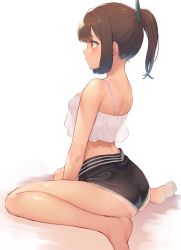 Rule 34 | 1girl, ass, barefoot, black shorts, blush, breasts, brown eyes, brown hair, closed mouth, crop top, crop top overhang, hair ornament, i-401 (kancolle), kantai collection, looking afar, nazunakku, ponytail, see-through, short hair, short shorts, shorts, shoulder blades, sitting, small breasts, smile, solo, tan, wariza
