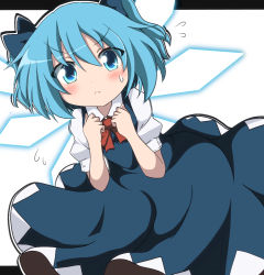 Rule 34 | 1girl, :c, alternate hairstyle, blue dress, blue eyes, blue hair, blush, bow, cirno, commentary request, do (4-rt), dress, flying sweatdrops, hair bow, ice, ice wings, letterboxed, looking at viewer, matching hair/eyes, puffy short sleeves, puffy sleeves, shirt, short sleeves, solo, sweatdrop, touhou, twintails, wings