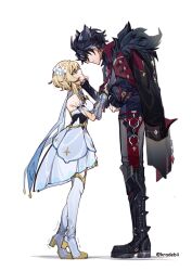 Rule 34 | 1boy, 1girl, absurdres, black gloves, black hair, blonde hair, blush, breasts, closed mouth, dress, face grab, fingerless gloves, flower, genshin impact, gloves, hair between eyes, hair flower, hair ornament, hand on another&#039;s face, height difference, highres, jewelry, kradebii, looking at another, lumine (genshin impact), medium breasts, necktie, red necktie, short hair, short hair with long locks, tiptoes, trembling, white dress, wriothesley (genshin impact), yellow eyes