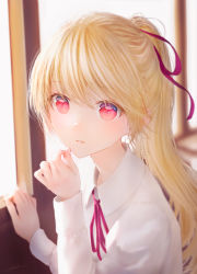 Rule 34 | 1girl, blonde hair, blurry, blurry background, collared shirt, dress shirt, expressionless, hair ribbon, hand on own face, hand up, highres, long hair, long sleeves, looking at viewer, neck ribbon, ojay tkym, original, parted lips, pink eyes, pink ribbon, ponytail, red ribbon, ribbon, shirt, solo, white shirt