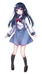 Rule 34 | 1girl, :d, bad id, bad pixiv id, black hair, black socks, blue eyes, blue skirt, blush, bow, bowtie, brown footwear, commentary request, full body, head tilt, highres, kneehighs, loafers, long hair, long sleeves, looking at viewer, minami saki, open mouth, original, red bow, red bowtie, school uniform, serafuku, shirt, shoes, simple background, skirt, sleeves past wrists, smile, socks, solo, standing, suspender skirt, suspenders, very long hair, white background, white shirt