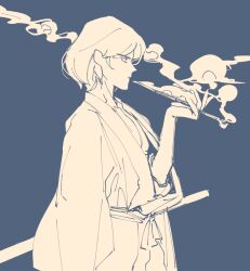 Rule 34 | 1boy, arm out of sleeve, blue background, cowboy shot, fingernails, greyscale with colored background, hakama, halorane, ishikawa goemon xiii, japanese clothes, kiseru, looking ahead, lupin iii, male focus, profile, short hair, sketch, smoke trail, smoking, smoking pipe, solo, sword, unfinished, weapon