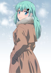 Rule 34 | 1girl, alternate costume, aqua hair, blue eyes, brown coat, coat, commentary request, from behind, fur-trimmed coat, fur trim, hair ornament, hairclip, hands in pockets, highres, ishii hisao, kantai collection, long hair, looking back, smile, snowflakes, solo, suzuya (kancolle)