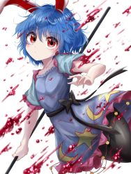 Rule 34 | 1girl, alternate hairstyle, ambiguous red liquid, animal ears, arm up, black pantyhose, black ribbon, blue dress, blue hair, blurry, blurry background, blurry foreground, commentary, cowboy shot, crescent print, dress, expressionless, frilled skirt, frills, highres, holding, holding mallet, kayon (touzoku), leaning back, looking at viewer, mallet, pantyhose, rabbit ears, raglan sleeves, red eyes, ribbon, seiran (touhou), short hair, skirt, solo, star (symbol), star print, touhou, white background