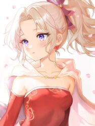 Rule 34 | 1girl, blonde hair, cape, collarbone, detached sleeves, dress, earrings, final fantasy, final fantasy vi, highres, jewelry, long hair, looking to the side, parted lips, petals, ponytail, purple eyes, red dress, solo, strapless, strapless dress, tina branford, upper body, white background, yua 666666