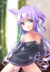 Rule 34 | 1girl, animal ear fluff, animal ears, azur lane, bare shoulders, black sweater, blurry, blurry background, blush, breasts, closed mouth, collarbone, commentary request, curly hair, depth of field, fingernails, gluteal fold, hair between eyes, heart, heart-shaped pupils, highres, indoors, kemonomimi mode, long hair, long sleeves, no pants, off-shoulder, off-shoulder sweater, off shoulder, one side up, purple eyes, purple hair, sawa (sawasaku), simple background, sleeves past wrists, small breasts, smile, solo, sweater, symbol-shaped pupils, unicorn (azur lane), very long hair