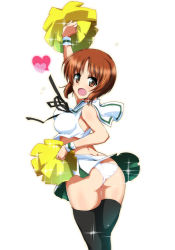 Rule 34 | 10s, 1girl, ass, blush, bouncing breasts, breasts, brown eyes, brown hair, cheerleader, girls und panzer, heart, large breasts, nishizumi miho, ouhashi, panties, sailor collar, skirt, smile, solo, thighhighs, underwear, upskirt, white background, white panties
