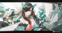 Rule 34 | 1girl, arknights, arm tattoo, black collar, black hair, china dress, chinese clothes, collar, colored skin, dragon horns, dress, dusk (arknights), ear piercing, green hair, green skin, hair over one eye, hand up, holding, horns, letterboxed, looking at viewer, multicolored hair, necktie, piercing, pointy ears, red eyes, red necktie, sleeveless, sleeveless dress, solo, streaked hair, tattoo, ukulu, upper body, weibo watermark, white dress