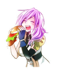 Rule 34 | 10s, 1girl, blush, breasts, cape, closed eyes, final fantasy, final fantasy xiii, fingerless gloves, food, gloves, burger, highres, large breasts, lightning farron, long hair, open mouth, orihara sachiko, pink hair, simple background, solo, white background