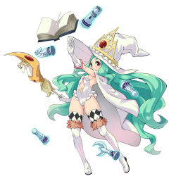 Rule 34 | 1girl, absurdres, blush, board game, book, cape, checkered clothes, checkered legwear, chess, chess piece, floating, frilled hat, frilled leotard, frills, gem, gloves, green eyes, green hair, hat, heterochromia, highres, holding, holding staff, leotard, light green hair, long hair, makai, navel, open book, original, red eyes, short eyebrows, simple background, smile, solo, staff, standing, thighhighs, very long hair, white background, white cape, white footwear, white gloves, white hat, white leotard, witch hat