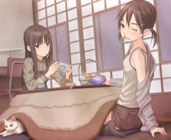 Rule 34 | 2girls, animal, bare shoulders, black eyes, black hair, blush, cat, food, fruit, hair ornament, hairclip, handheld game console, kotatsu, long hair, looking back, mandarin orange, multiple girls, one eye closed, open mouth, original, playing games, playstation portable, product placement, shimano natsume, short hair, short twintails, sitting, smile, socks, table, twintails, wink