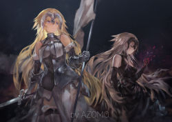 Rule 34 | 2girls, artist name, azomo, blue eyes, chain, couter, elbow gloves, fate/apocrypha, fate/grand order, fate (series), fur trim, gauntlets, gloves, gorget, halterneck, highres, jeanne d&#039;arc (fate), jeanne d&#039;arc (ruler) (fate), jeanne d&#039;arc (third ascension) (fate), jeanne d&#039;arc alter (avenger) (fate), jeanne d&#039;arc alter (fate), looking down, looking to the side, multiple girls, plackart, standard bearer, sword, weapon, yellow eyes