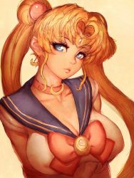 Rule 34 | 1girl, aged up, bishoujo senshi sailor moon, blonde hair, blue eyes, breasts, choker, cleavage, closed mouth, collarbone, covered erect nipples, fumio (rsqkr), hair intakes, hair ornament, highres, large breasts, lips, long hair, looking at viewer, parted bangs, short sleeves, simple background, solo, tiara, tsukino usagi, twintails, upper body, yellow background