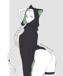 Rule 34 | 1girl, :&lt;, ahoge, animal hood, antenna hair, arched back, ass, bottomless, braid, breasts, cammy white, cat hood, commentary request, scar on face, highres, hood, huge ahoge, leaning forward, long hair, looking at viewer, looking back, no panties, scar, scar on cheek, scar on face, solo, spot color, street fighter, thigh strap, tombsakura, twin braids, twitter username