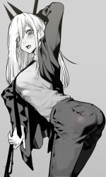 Rule 34 | + +, 1girl, absurdres, ass, black necktie, blush, breasts, chainsaw man, cross-shaped pupils, demon girl, demon horns, duplicate, fangs, female focus, formal, grey background, grey jacket, grey pants, greyscale, highres, horns, jacket, large breasts, long hair, looking at viewer, monochrome, necktie, open mouth, pants, power (chainsaw man), sharp teeth, sideboob, simple background, solo, st (youx1119), staff, symbol-shaped pupils, teeth