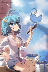 Rule 34 | 1girl, ahoge, aqua eyes, aqua hair, bird, blush, breasts, btoor, bucket, cloud, dress shirt, gart, hand on own hip, hip focus, holding, huge ahoge, lowres, paint, paint can, paintbrush, painting (action), shirt, short hair, shorts, sitting, sleeves rolled up, solo, star (symbol), sword girls, tongue, tongue out