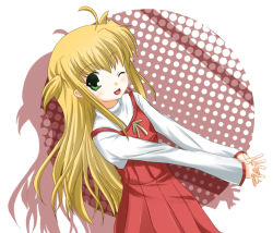 Rule 34 | 00s, 1girl, ;d, arisa bunnings, blonde hair, dress, green eyes, long hair, long sleeves, looking at viewer, lyrical nanoha, mahou shoujo lyrical nanoha, mahou shoujo lyrical nanoha a&#039;s, mahou shoujo lyrical nanoha strikers, odaya, odayan, one eye closed, open mouth, own hands together, shadow, smile, solo, two side up