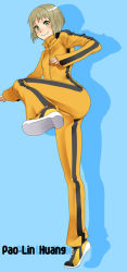 Rule 34 | 10s, 1girl, bad id, bad pixiv id, blonde hair, bruce lee&#039;s jumpsuit, full body, green eyes, huang baoling, shoes, short hair, simple background, sneakers, solo, soon302, standing, standing on one leg, suun (soon302), tiger &amp; bunny
