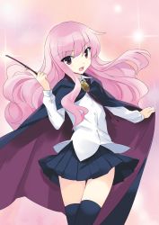 Rule 34 | 1girl, blue cape, blue skirt, blue thighhighs, bolo tie, cape, highres, holding, holding cape, holding clothes, holding wand, louise francoise le blanc de la valliere, noise reduction, official art, pentacle, pentagram, pink background, pink eyes, scan, shirt, skirt, solo, thighhighs, usatsuka eiji, wand, white shirt, zero no tsukaima, zettai ryouiki