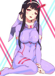 Rule 34 | 10s, 1girl, adapted costume, black hair, bodysuit, breasts, cosplay, covered erect nipples, covered navel, d.va (overwatch), darling in the franxx, facial mark, hairband, horns, large breasts, long hair, looking at viewer, overwatch, overwatch 1, pilot suit, purple bodysuit, red eyes, shiny clothes, sidelocks, sieyarelow, simple background, sitting, solo, wariza, whisker markings, white hairband