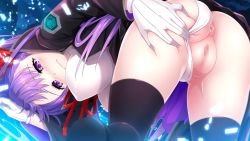 Rule 34 | 1girl, anus, ass, bb (fate), bb (fate/extra), black jacket, black skirt, black thighhighs, blush, bow, breasts, censored, closed mouth, clothing aside, embarrassed, fate/extra, fate/extra ccc, fate/grand order, fate (series), from behind, gloves, hair bow, hanging breasts, impossible clothes, impossible leotard, jacket, large breasts, leaning forward, leotard, leotard aside, long hair, looking at viewer, looking back, mosaic censoring, presenting, purple eyes, purple hair, pussy, red bow, skirt, solo, splush wave, thighhighs, wavy mouth, white gloves