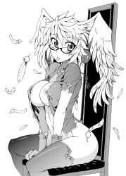 Rule 34 | 1girl, bad id, bad pixiv id, bottomless, breasts, china dress, chinese clothes, dress, feathers, glasses, gloves, greyscale, head wings, highres, kusanagi tonbo, large breasts, monochrome, nipple slip, nipples, original, solo, thighhighs, tongue, wings