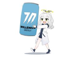 Rule 34 | 1girl, blue archive, blue hoodie, blush, brand name imitation, can, green eyes, grey hair, hair intakes, halo, hare (blue archive), highres, holding, holding can, hood, hood down, hoodie, kutsusama, lab coat, looking at viewer, mini person, minigirl, monster energy, open mouth, outstretched arms, ponytail, shadow, shoes, simple background, smile, sneakers, solo, walking, white background